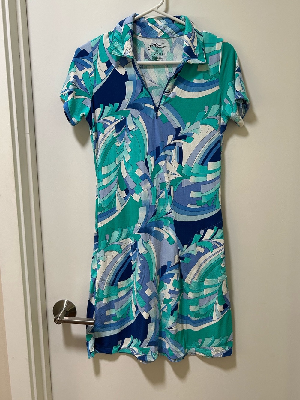 Gottex Short Sleeve Dress Blue and Green Swirl Print Size XS